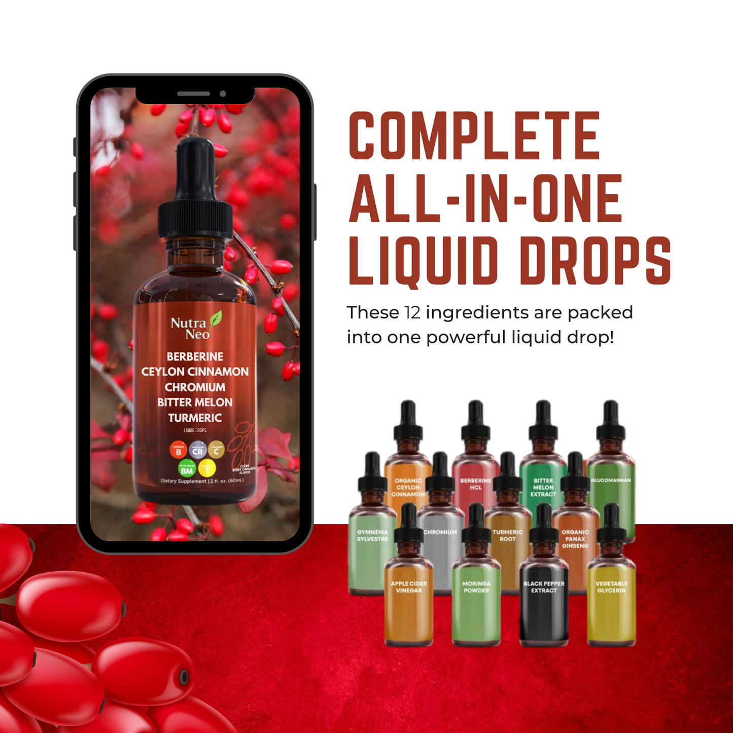 Promotional image of NutraNeo glucose support liquid drops with a phone screen showing the product and text about ingredients.