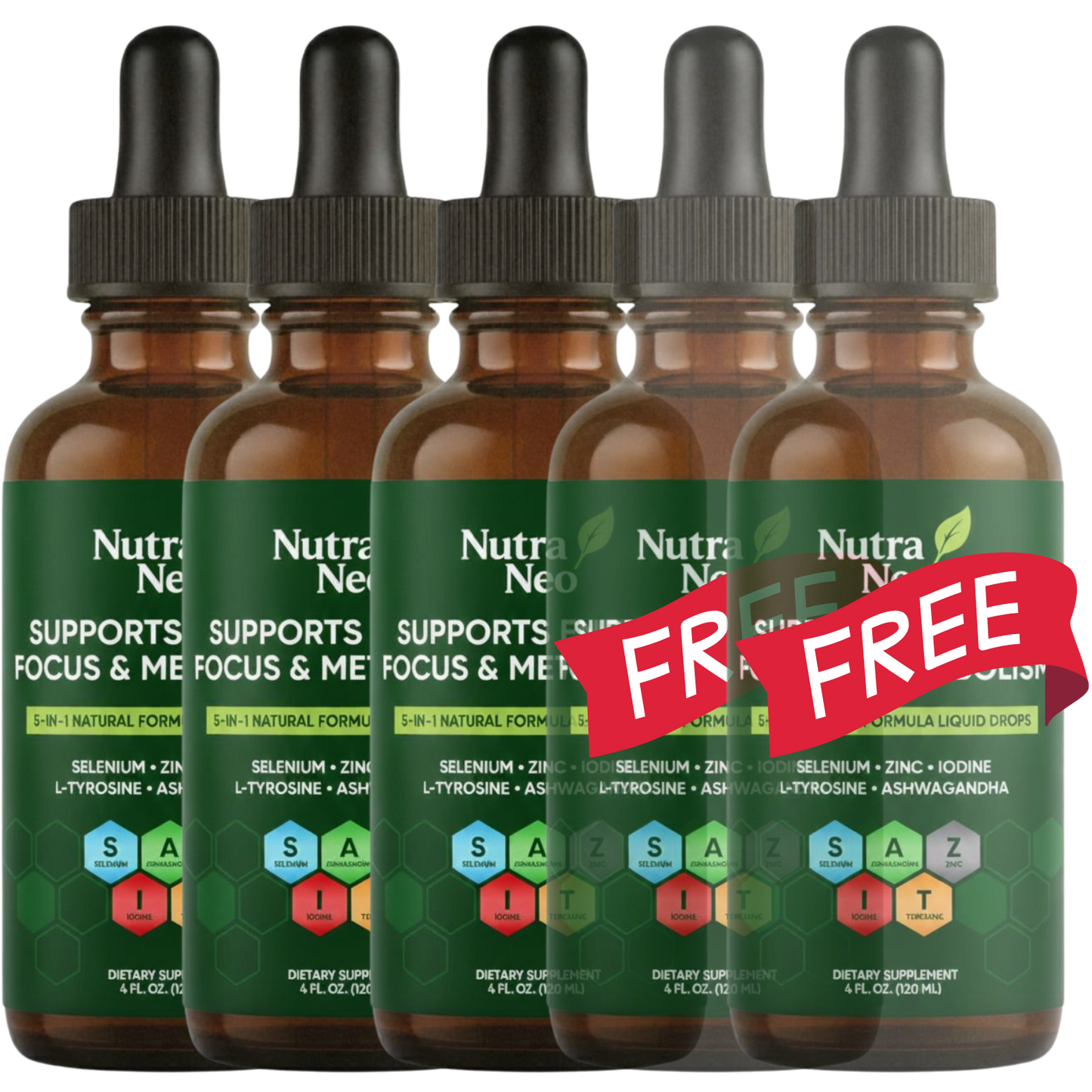 Five NutraNeo Thyro Thrive liquid drop supplement bottles arranged side by side, with ‘Free’ promotion labels on the fourth and fifth bottles.