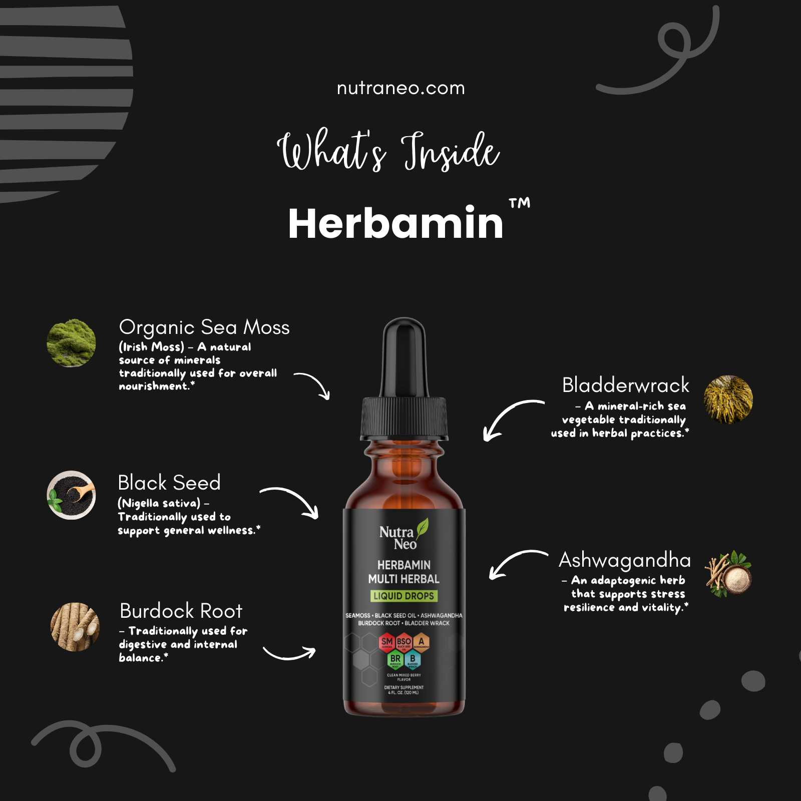 Herbamin multi-herbal supplement bottle with ingredients listed on a black background
