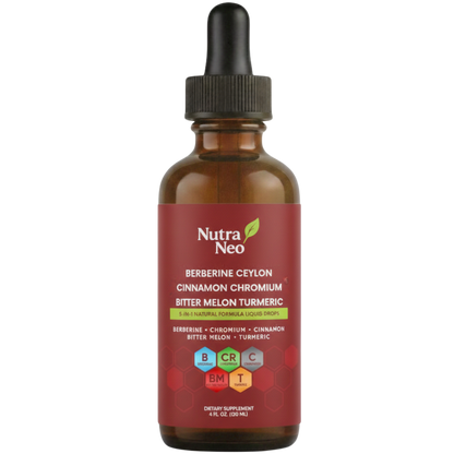 Nutra Neo Glucose Support liquid supplement bottle with dropper cap, shown on a white background.