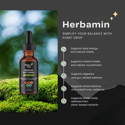 Herbamin supplement bottle with dropper on a natural background