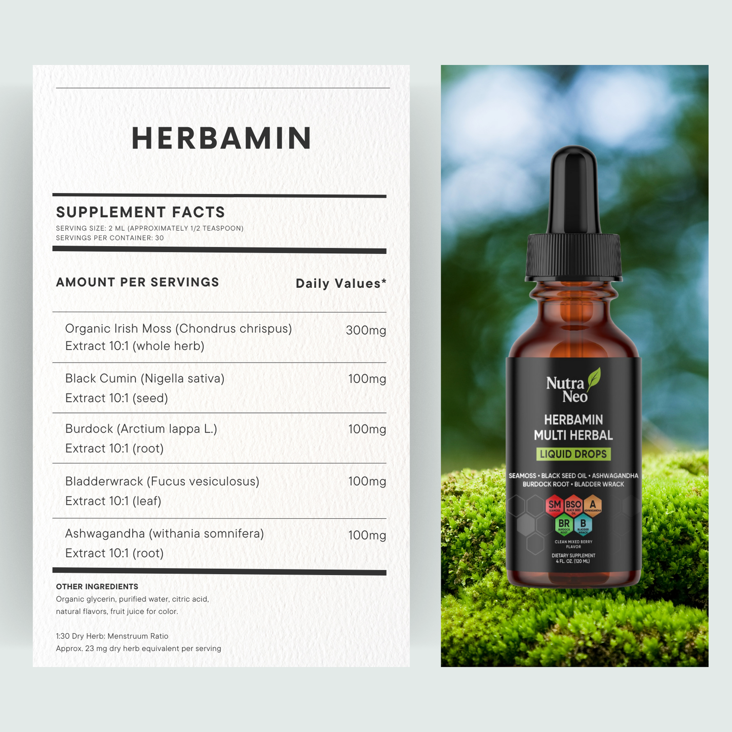 Herbamin supplement facts label and Nutra Neo Herbamin bottle with greenery in the background