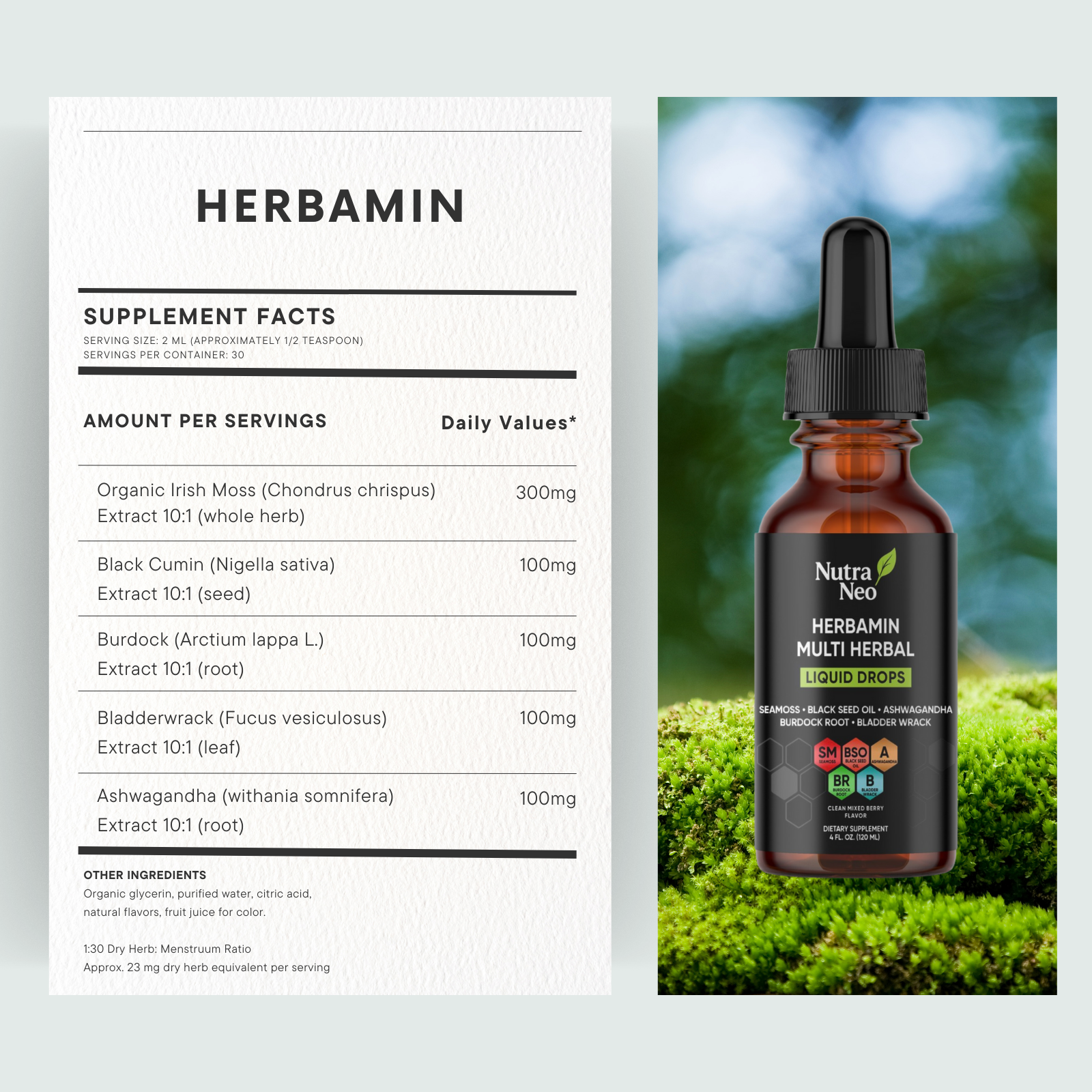 Herbamin supplement facts label and Nutra Neo Herbamin bottle with greenery in the background