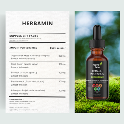 Herbamin supplement facts label and Nutra Neo Herbamin bottle with greenery in the background