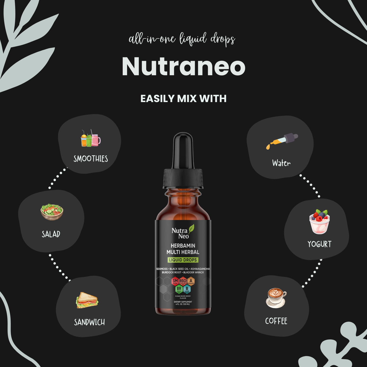 Nutraneo multi-herbal liquid drops bottle with usage suggestions on a black background