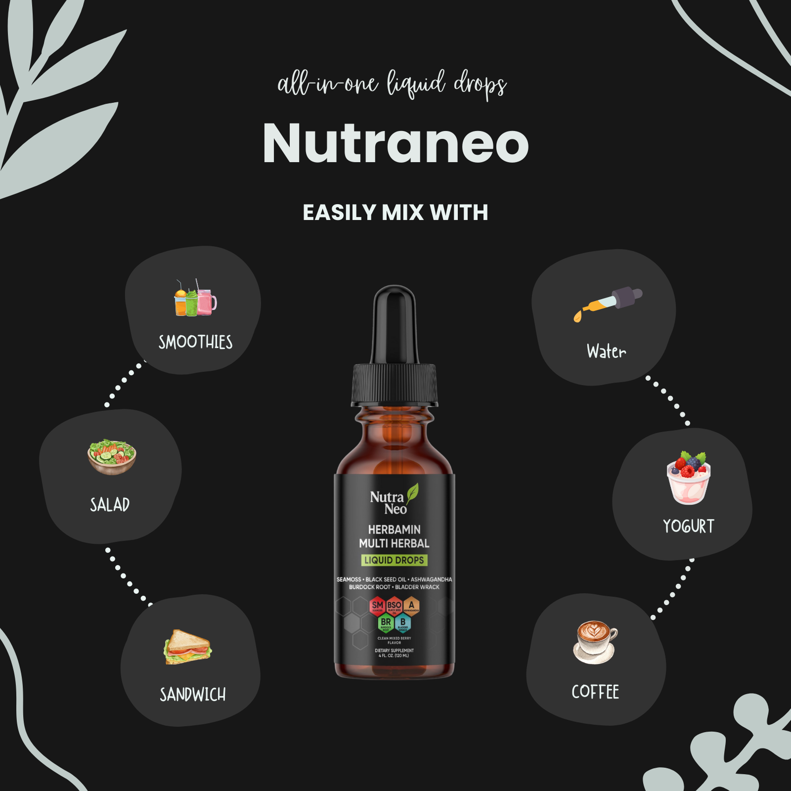 Nutraneo multi-herbal liquid drops bottle with usage suggestions on a black background