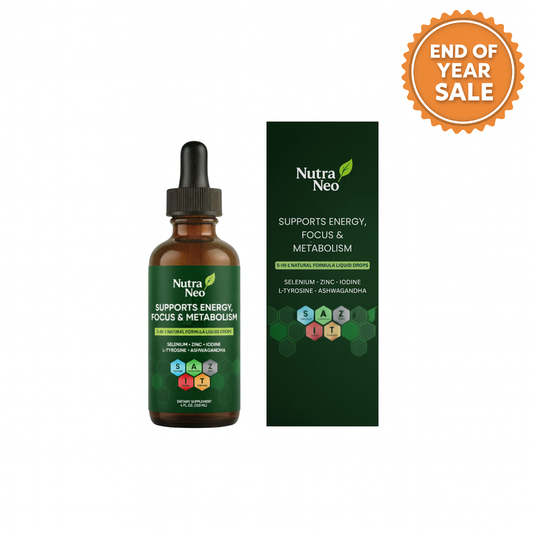 Nutra Neo supplement bottle and packaging on a white background with 'End of Year Sale' text.