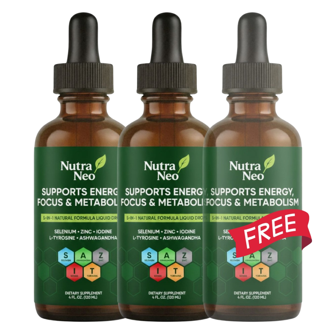 Three NutraNeo Thyro Thrive liquid drop supplement bottles arranged side by side, with a ‘Free’ promotion label on the third bottle, highlighting a special offer.