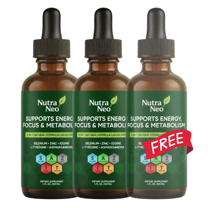 Three NutraNeo Thyro Thrive liquid drop supplement bottles arranged side by side, with a ‘Free’ promotion label on the third bottle, highlighting a special offer.