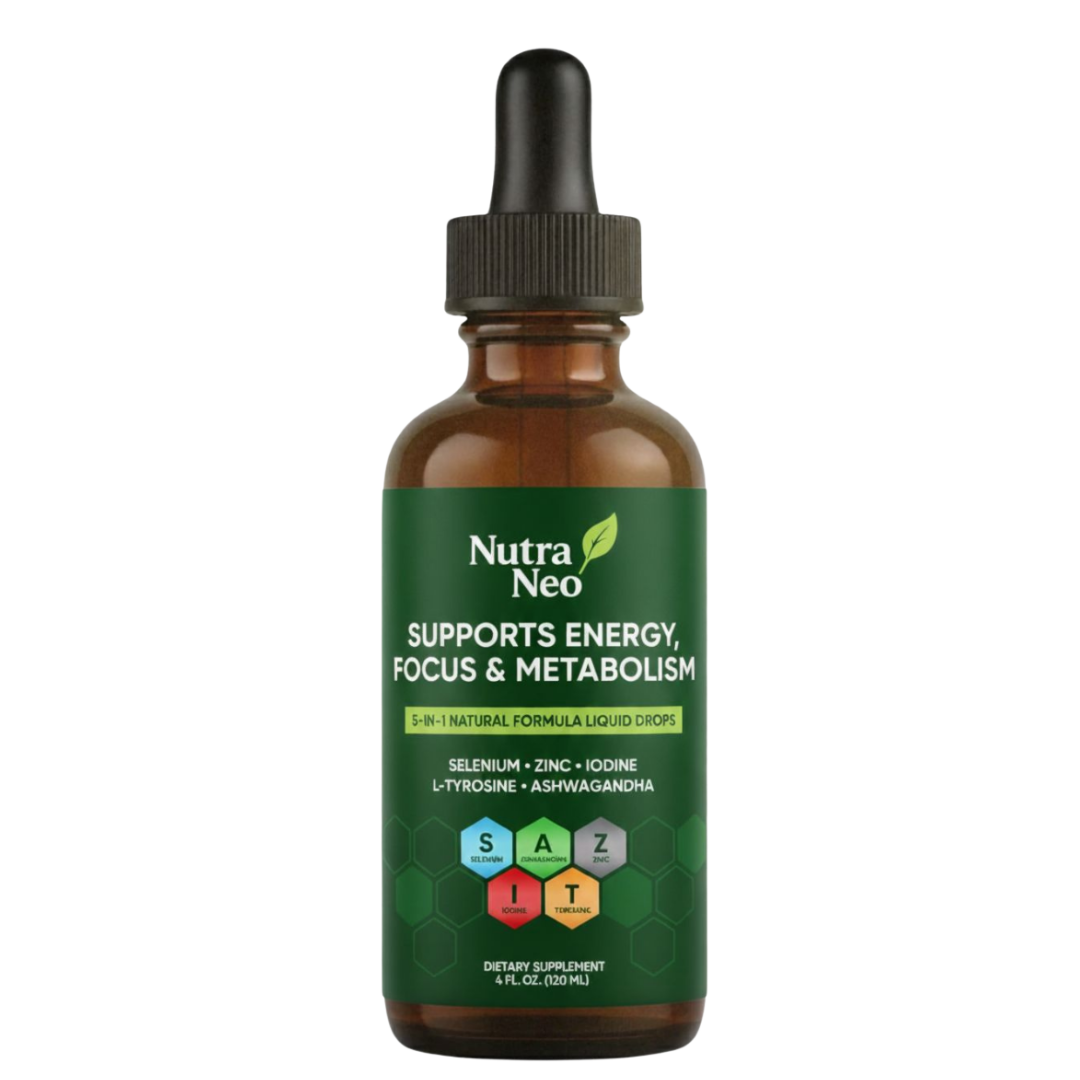 NutraNeo Thyro Thrive liquid drop supplement bottle with a green label on a white background