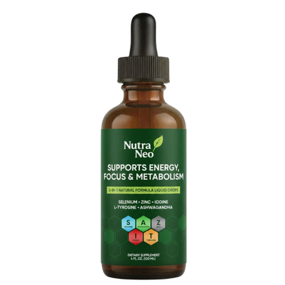 NutraNeo Thyro Thrive liquid drop supplement bottle with a green label on a white background
