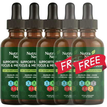 Five NutraNeo Thyro Thrive liquid drop supplement bottles arranged side by side, with ‘Free’ promotion labels on the fourth and fifth bottles.