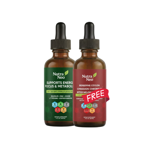 One NutraNeo Thyro Thrive liquid drop supplement and one NutraNeo Glucose Support supplement bottle side by side, with Glucose Support offered for free