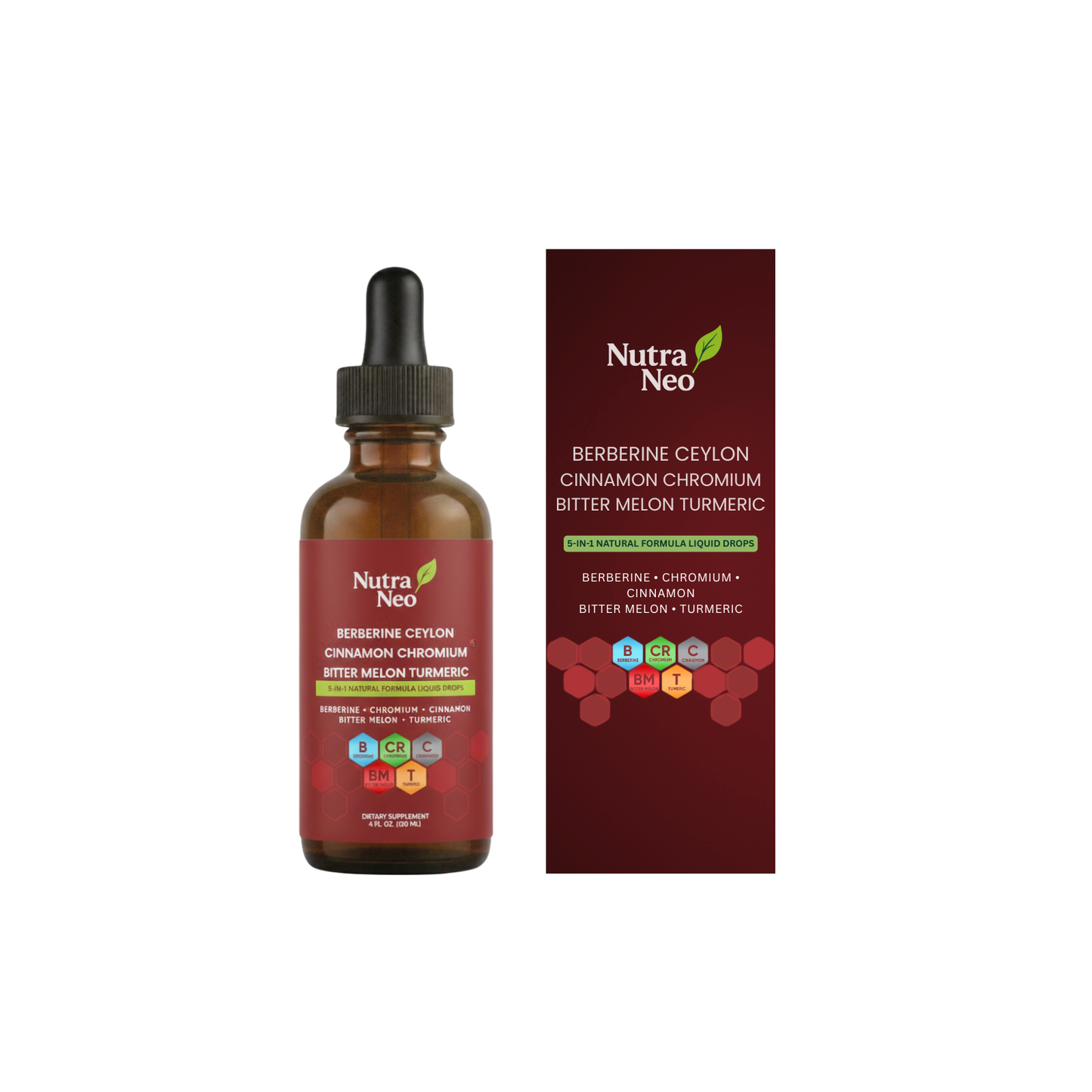 NutraNeo glucose support liquid drops bottle shown next to matching product packaging