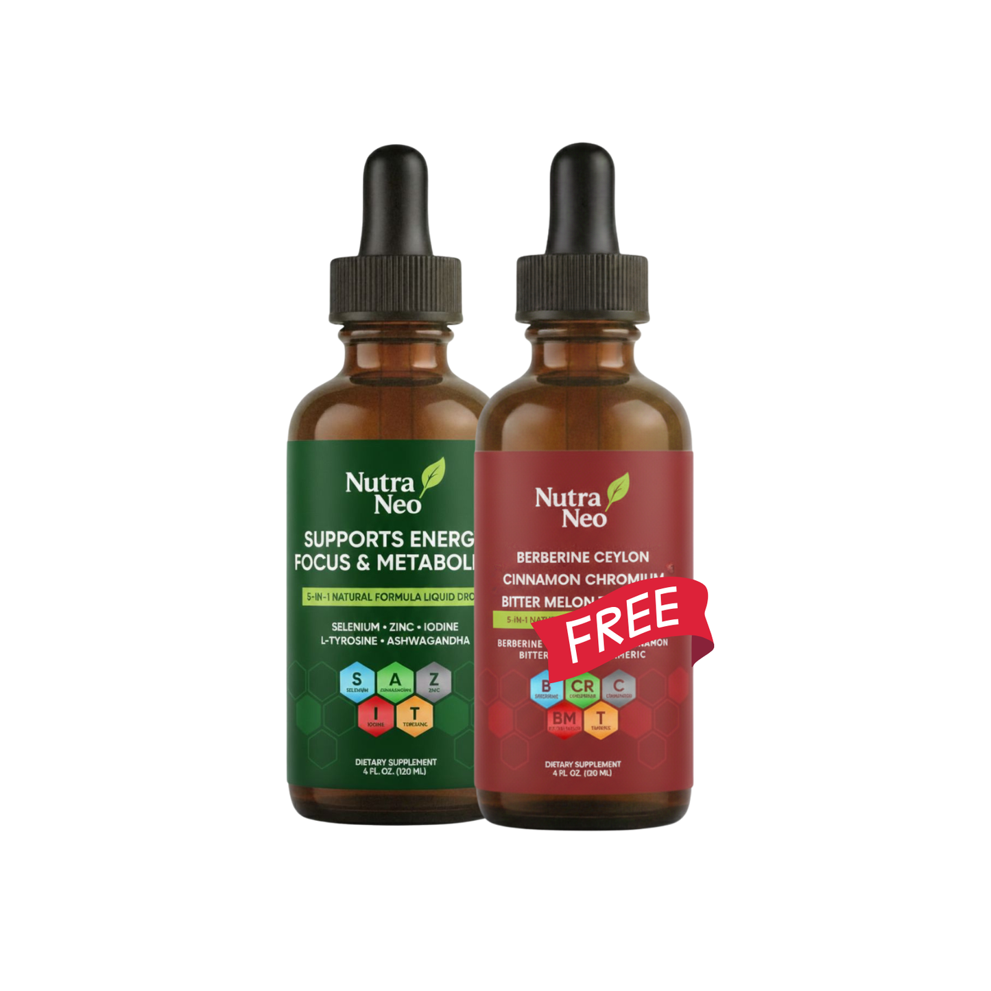NutraNeo Thyro Thrive and Glucose Support liquid drop bottles side by side, with Glucose Support offered free, on a white background.