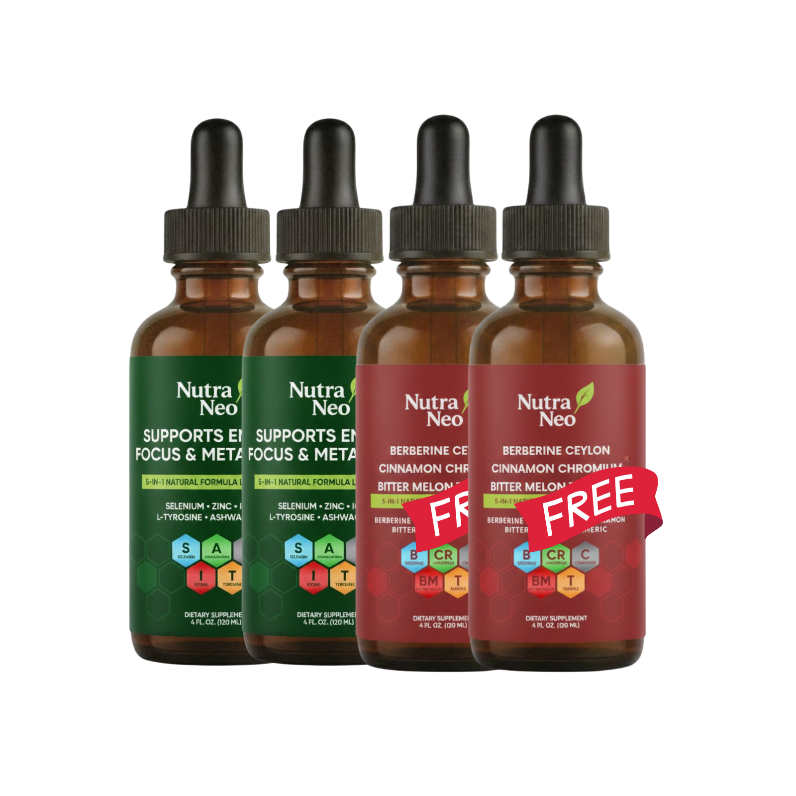 Two NutraNeo Thyro Thrive liquid drop bottles and two Glucose Support liquid drop bottles side by side, with two Glucose Support bottles offered free, on a white background.