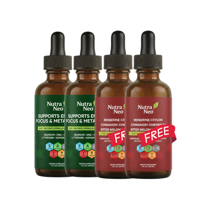Two NutraNeo Thyro Thrive liquid drop bottles and two Glucose Support liquid drop bottles side by side, with two Glucose Support bottles offered free, on a white background.